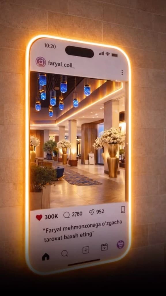 لوحة دعائية على شكل هاتف ذكي مضيئة بإطار نيون وعرض منشور شبيه بإنستغرام